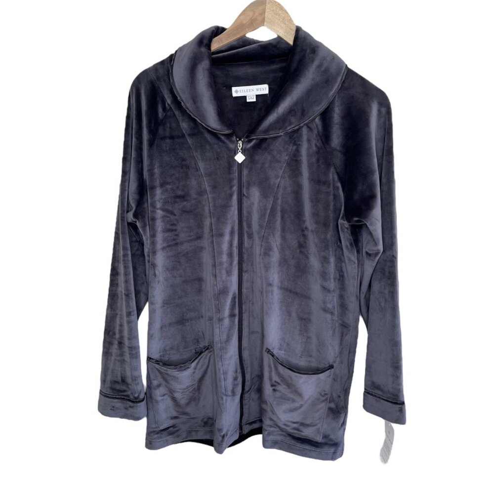 Eileen West Charcoal Gray Velvet Short Zip Robe Size S/M Sleepwear